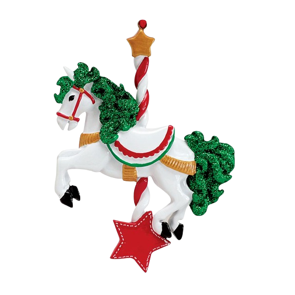 White carousel horse ornament with green glitter mane and tail hanging from striped pole with red star under $50