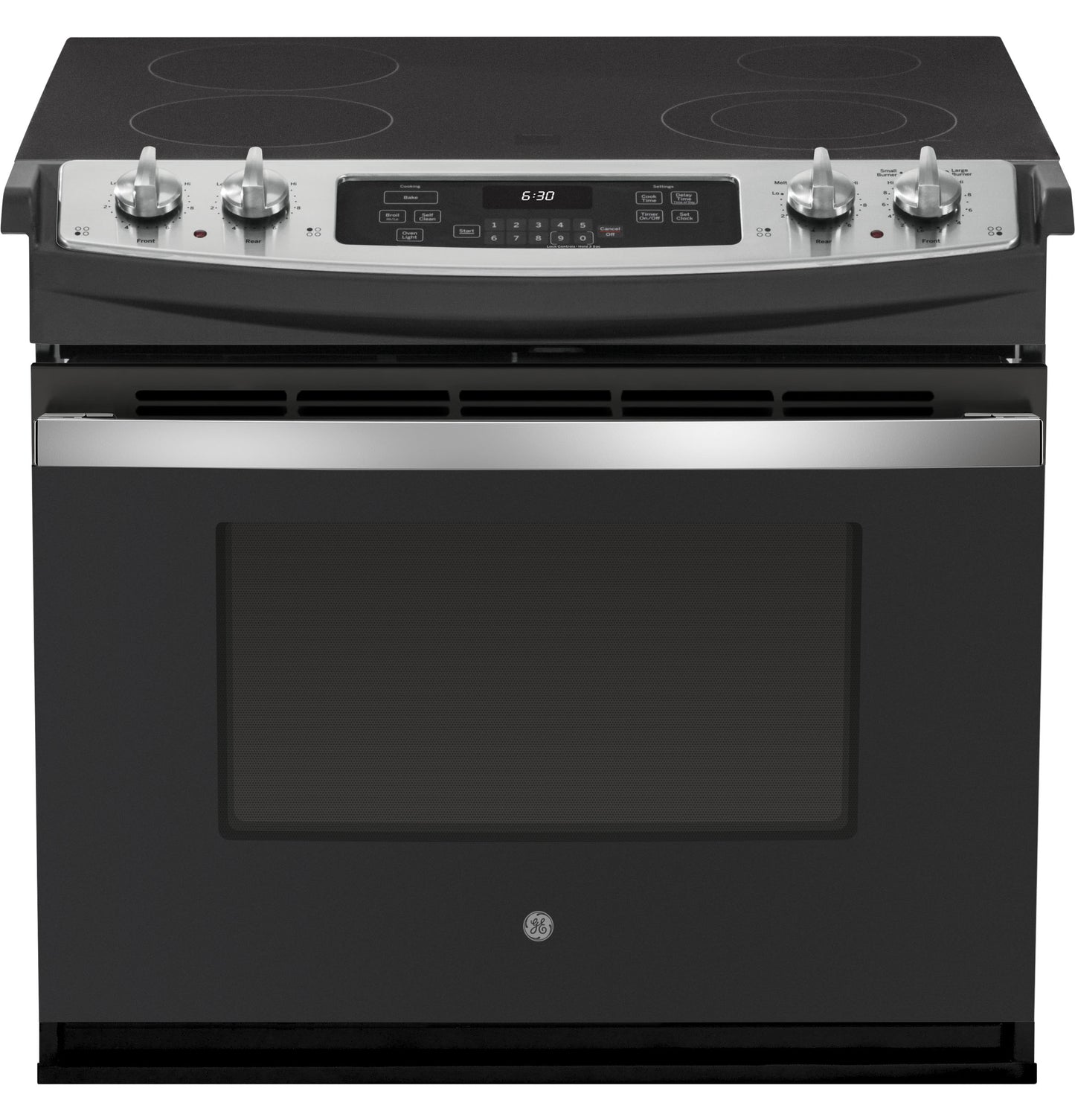 Black and stainless steel electric range with four burners and digital control panel in kitchen appliances collection