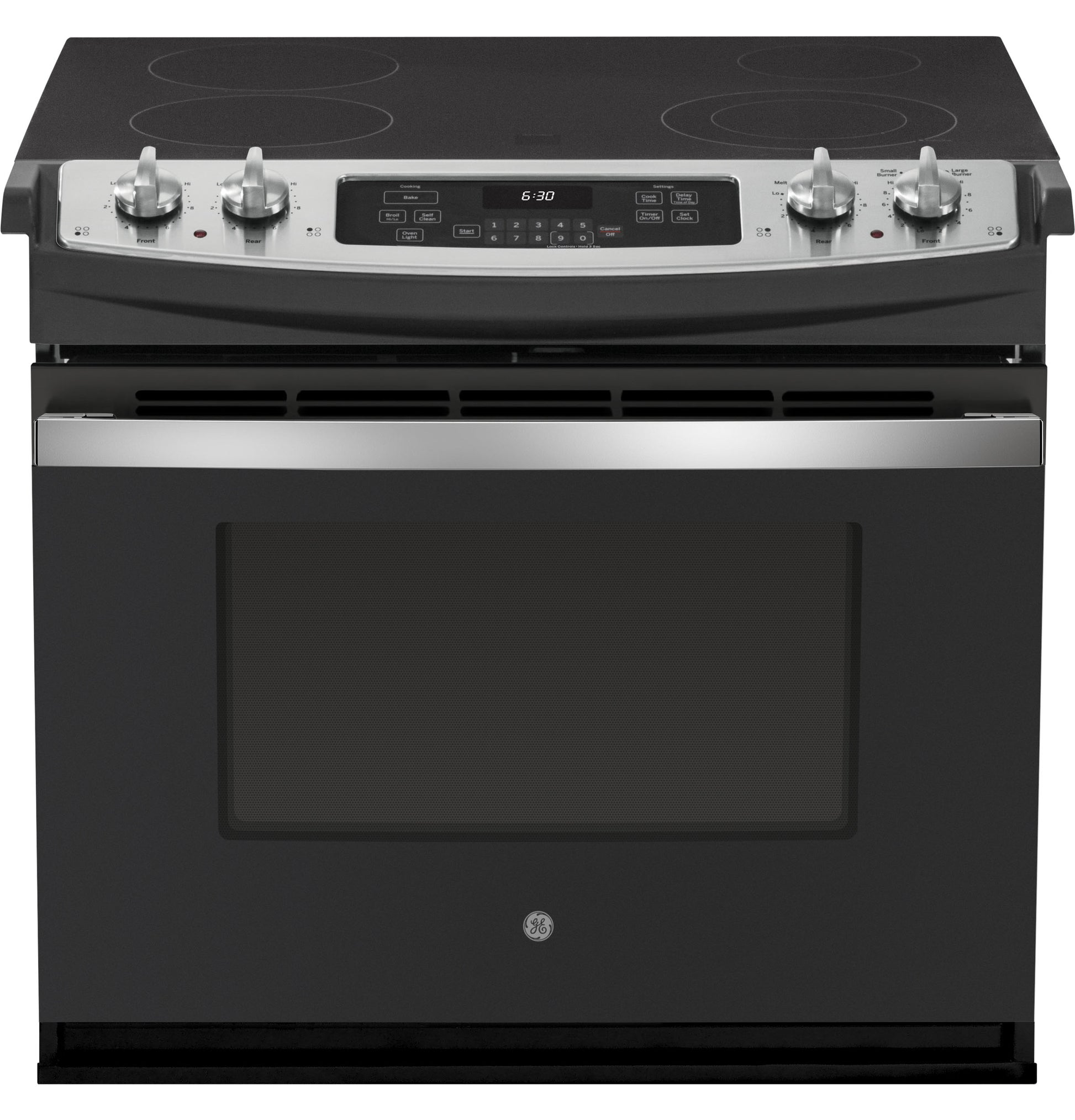 Black and stainless steel electric range with four burners and digital control panel in kitchen appliances collection