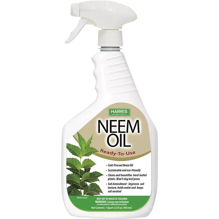 White trigger spray bottle of Harris neem oil insect and disease control for outdoor plant and garden pest treatment collections