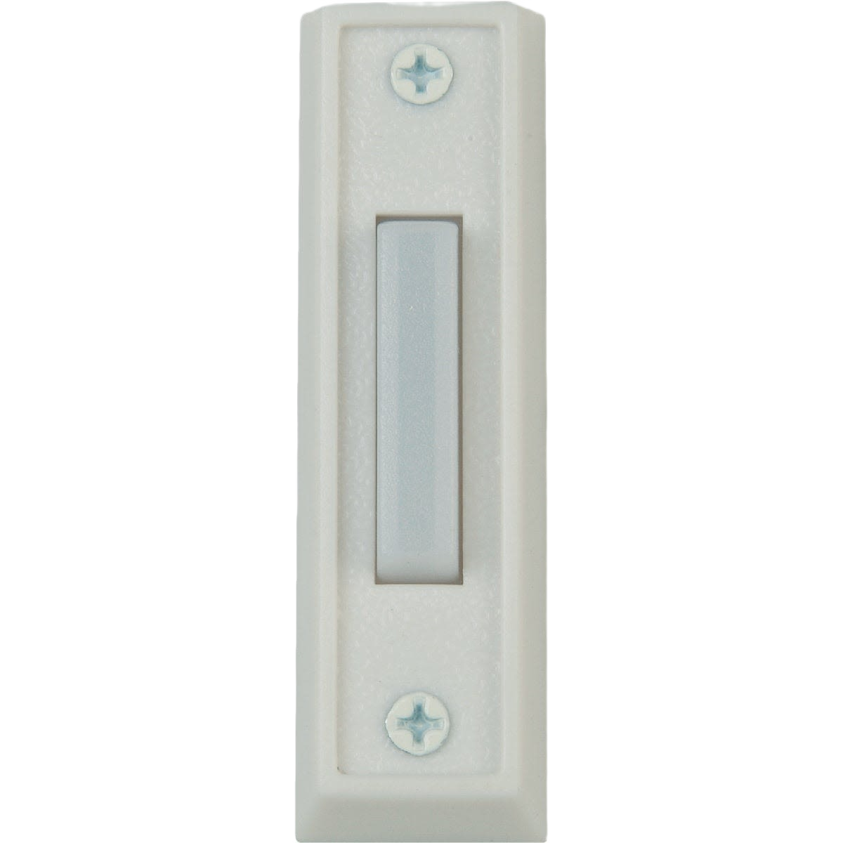 White plastic LED lighted doorbell push-button with mounting screws for home improvement projects