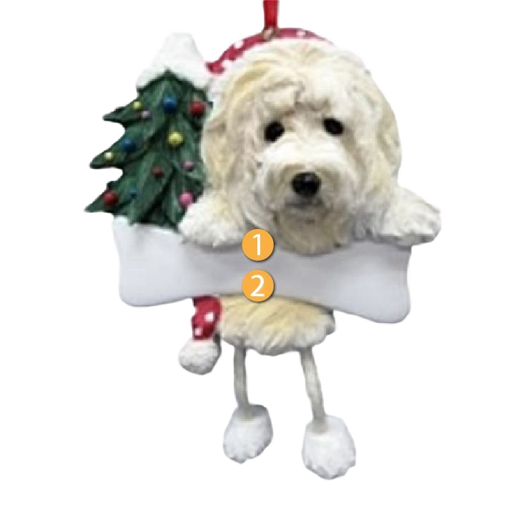 Personalized Goldendoodle ornament with dangling legs and Christmas tree for festive tree decorations under $50