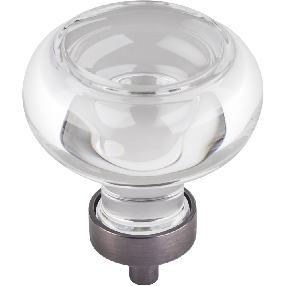 Clear glass button knob with brushed pewter base for cabinet and furniture hardware in home improvement collections