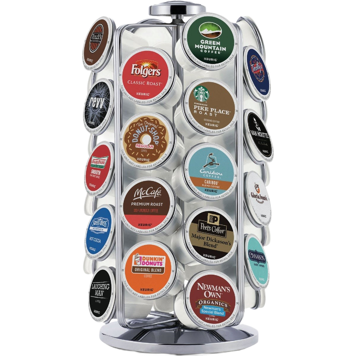 Chrome-finished metal carousel organizer for 36 coffee pods, ideal for kitchenware and kitchen gadget storage under $50