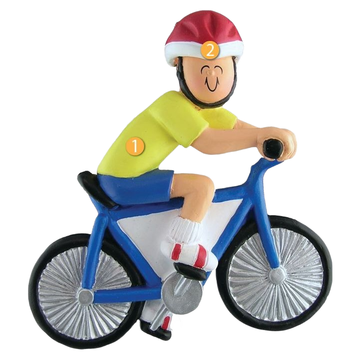 Personalized male cyclist ornament wearing red helmet and yellow shirt from Christmas Ornaments & Tree Decorations collection