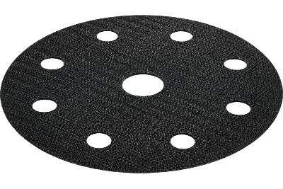 Black net abrasive sanding pad with multiple dust extraction holes for power tool accessories and sanding tasks
