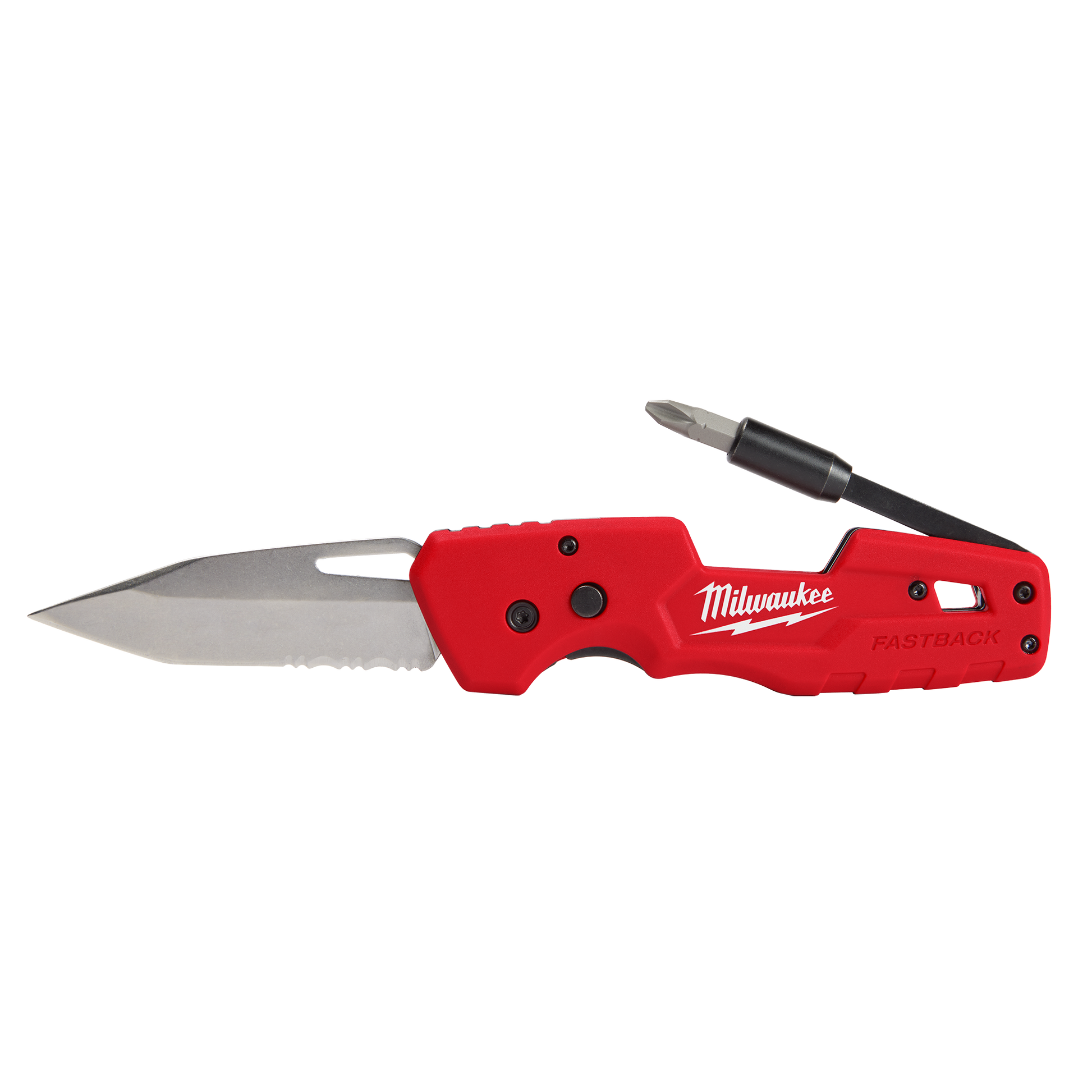 Red Milwaukee FASTBACK™ 5in1 folding knife with serrated stainless steel blade for woodworking and hand tool use