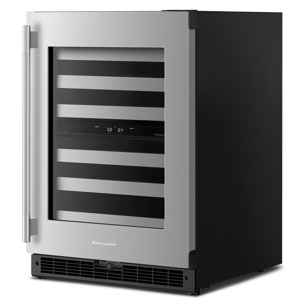 Stainless steel undercounter wine cellar with glass door, full-extension metal racks, and digital temperature controls in appliances collection