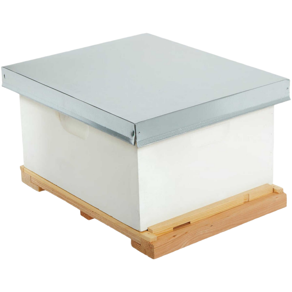White wooden beehive box with metal cover and natural wood base for beekeeping and home improvement use