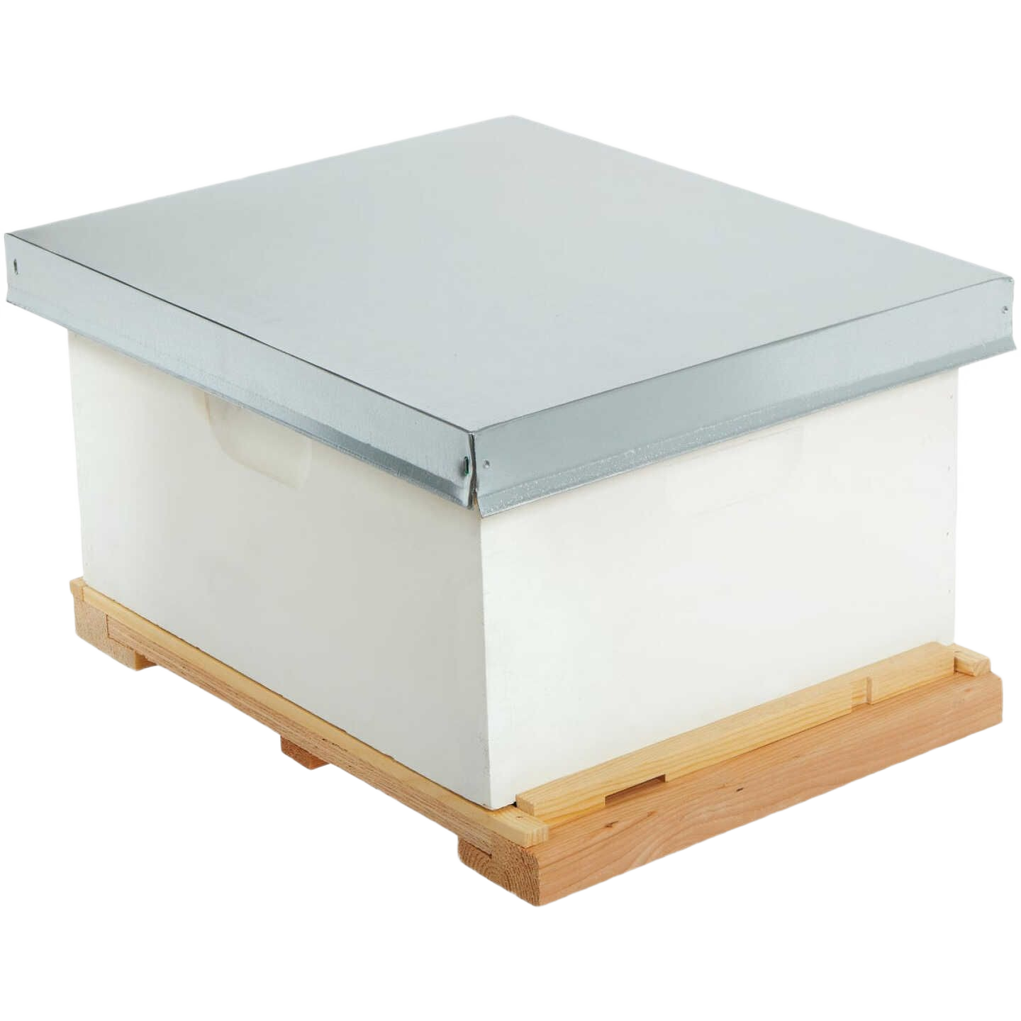 White wooden beehive box with metal cover and natural wood base for beekeeping and home improvement use