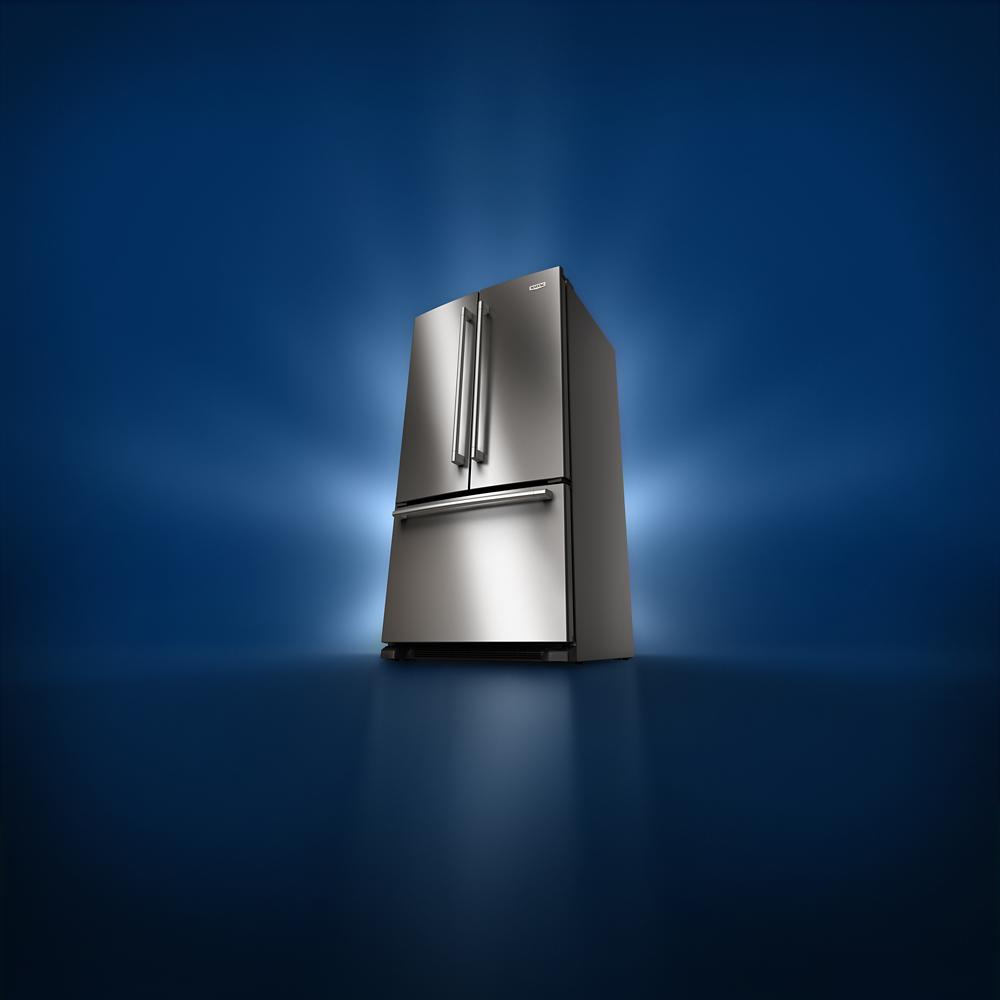 Stainless steel French door refrigerator with bottom freezer and sleek handles against a blue gradient background