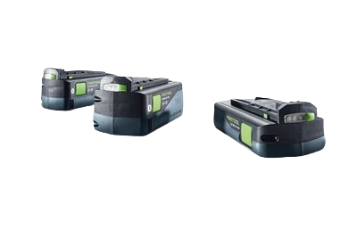 Three black and green Festool 18 V battery packs arranged on white surface, part of power tool batteries collections