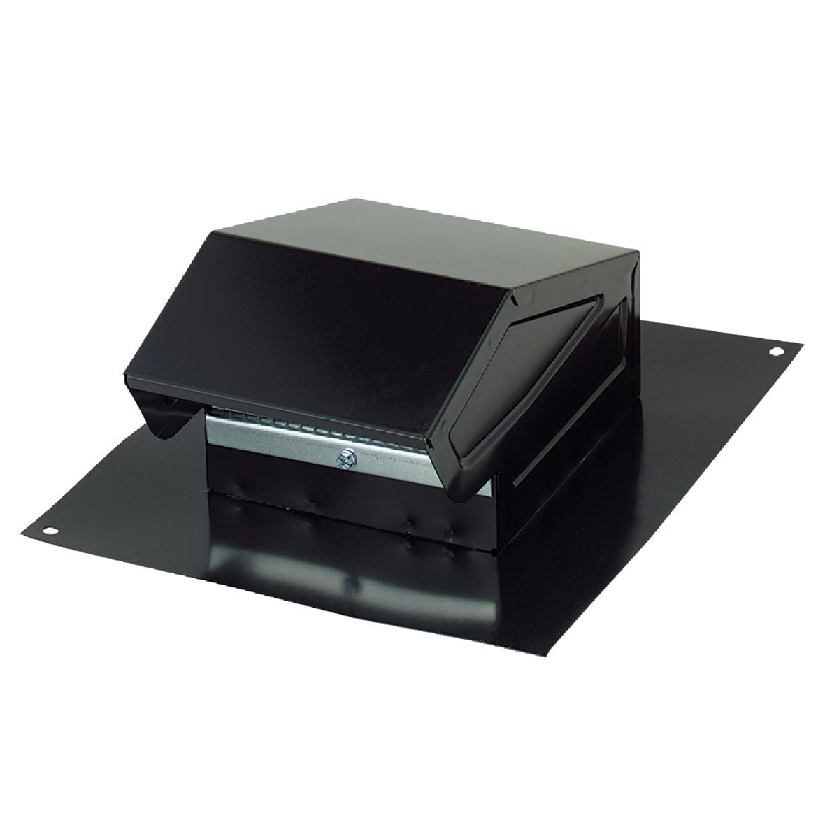 Black metal roof vent cap with mounting flange for home improvement and ventilation projects