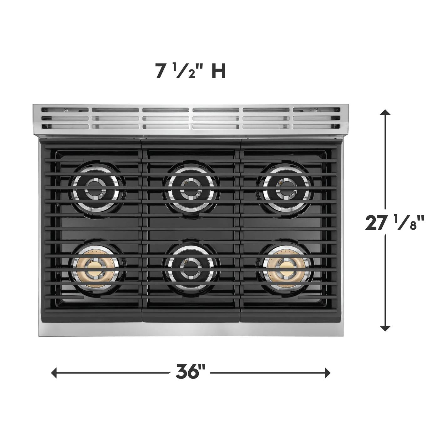 Top view of 36-inch gas rangetop with five burners including two brass power burners in stainless steel frame from Cooktops collection