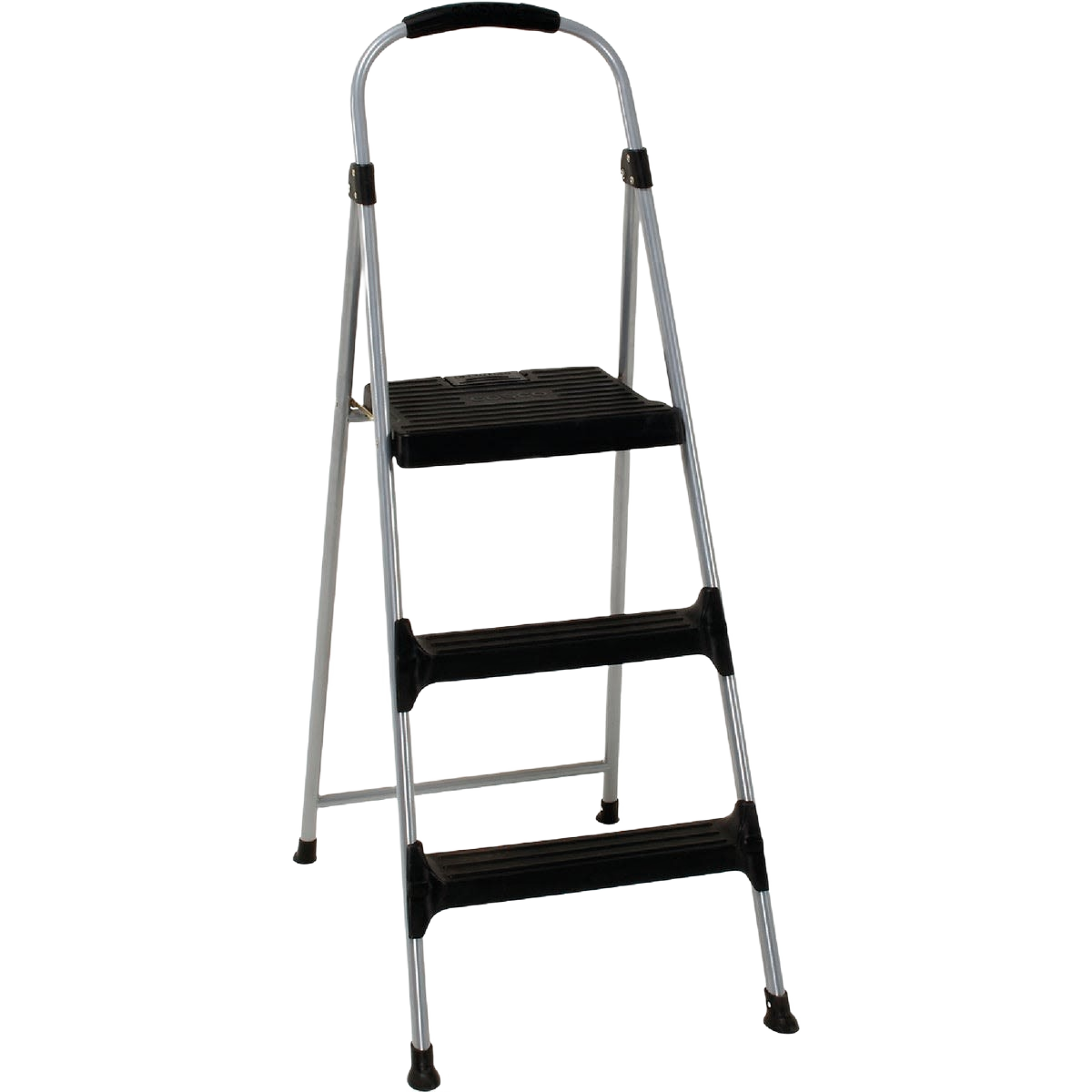 Three-step folding metal stool with black slip-resistant treads and curved safety handle for home improvement tasks