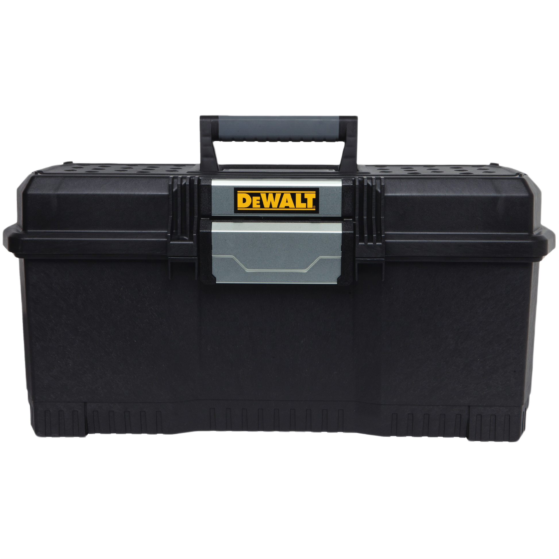 Black 24-inch DEWALT tool box with one-handed latch for secure tool storage and workshop organization