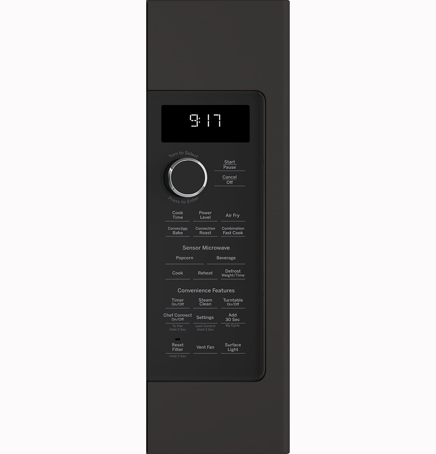 Black microwave control panel with digital clock and multiple cooking and convenience function buttons in Appliances collection