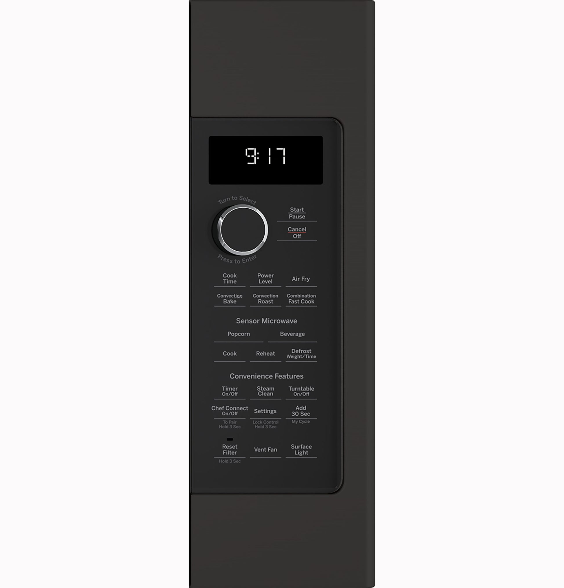 Black microwave control panel with digital clock and multiple cooking and convenience function buttons in Appliances collection