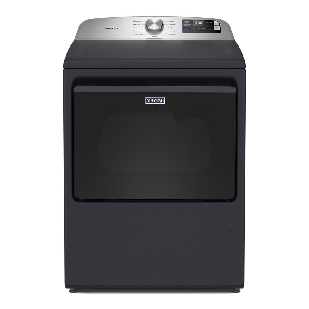 Front view of black and stainless steel electric dryer with digital controls in Dryers and Appliances collections