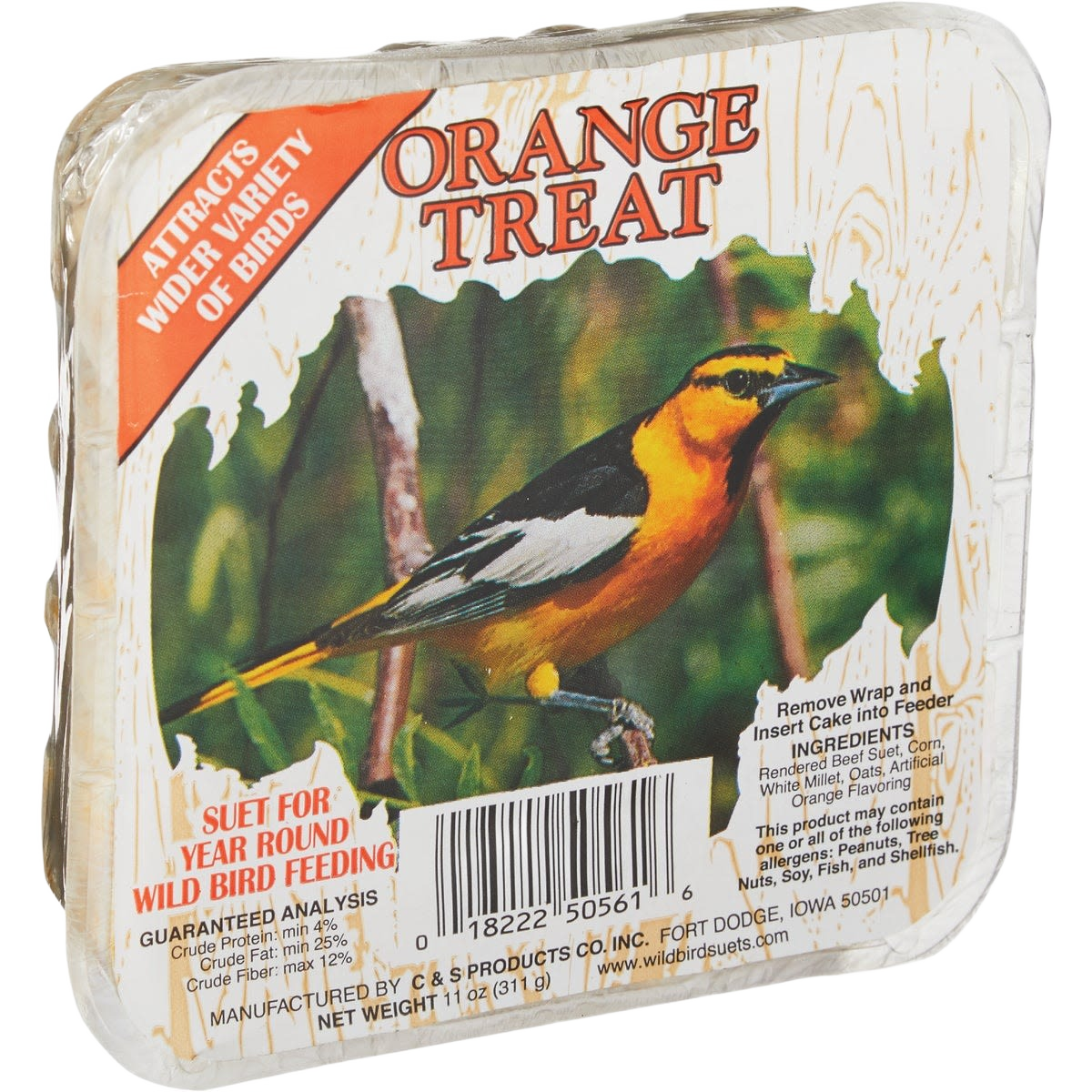 Square block of orange suet bird feed with colorful bird image and wood grain background for outdoor wildlife feeding