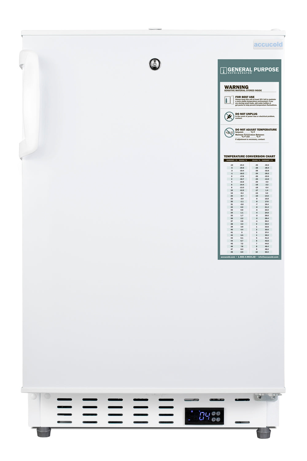 Compact built-in healthcare refrigerator with lock, temperature chart, digital controls, and white finish from appliances collection