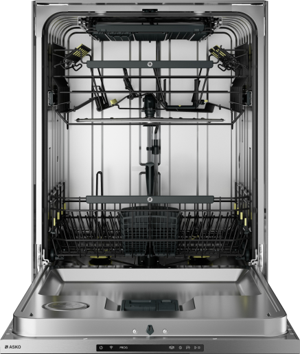 Open stainless steel dishwasher interior with multiple adjustable racks and spray arms in kitchen appliance collection
