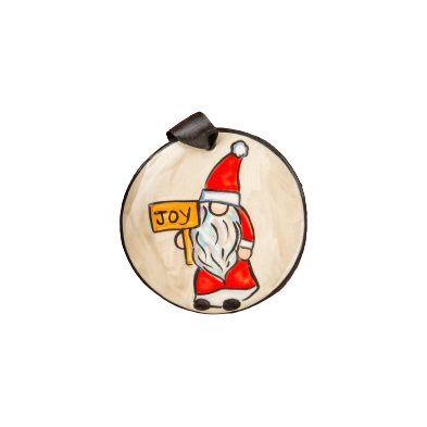 Hand-painted ceramic gnome ornament holding a JOY sign, festive Christmas decoration under $50 from Nola Watkins Collection