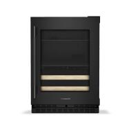 24" undercounter beverage center with glass door, wood-front racks, and dual temperature zones in KitchenAid appliances