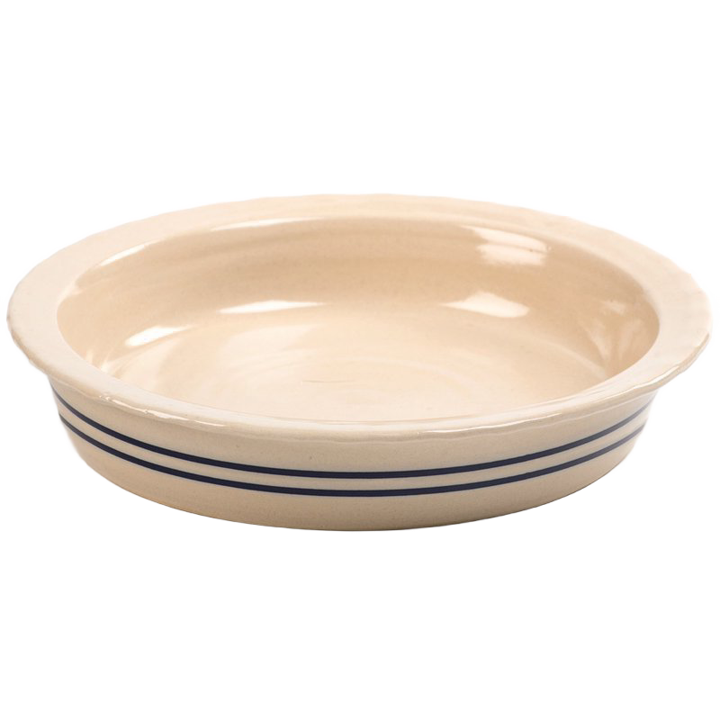 Hand-thrown stoneware pie pan with blue stripe detail, glazed finish for even heat in kitchenware bakeware collection