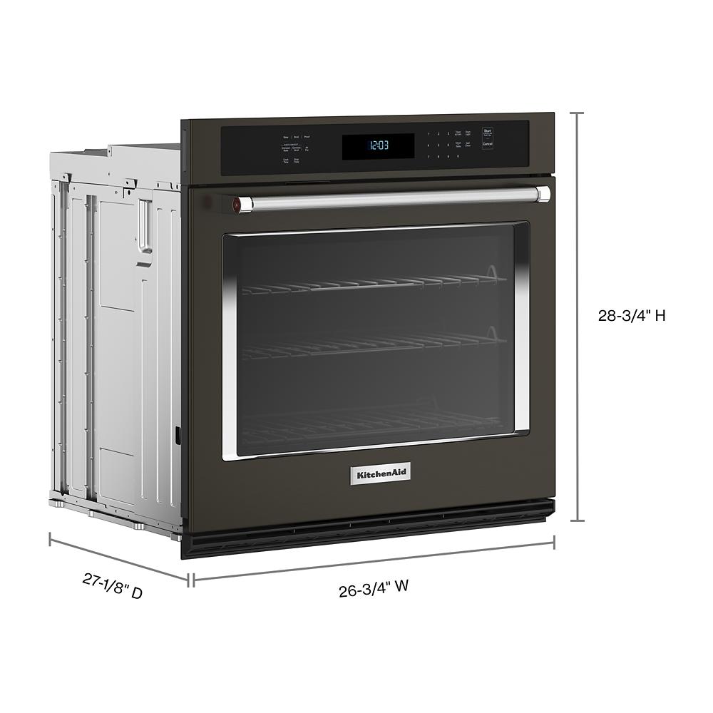 27-inch KitchenAid single wall oven with air fry mode, digital control panel, and stainless steel handle in kitchen appliances collection