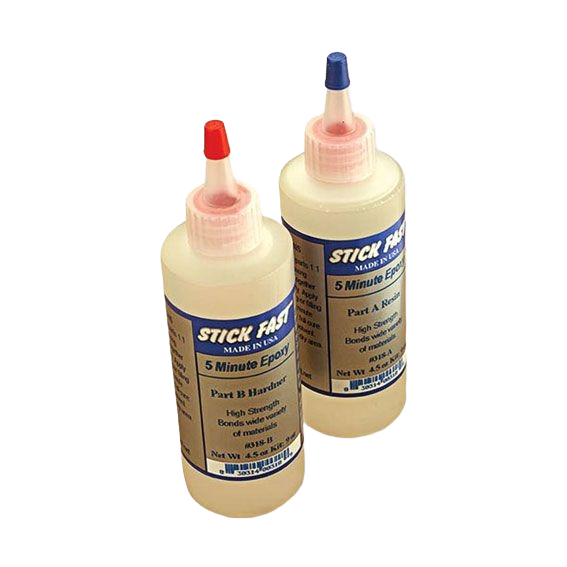 Two clear plastic bottles of Stick Fast 5 Minute epoxy with red and blue caps for sealing and bonding tasks