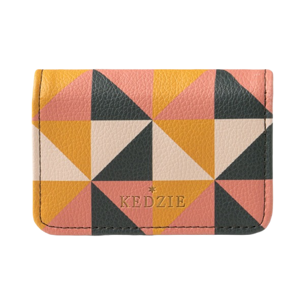 Colorful vegan leather card wallet with geometric pattern and gold Kedzie logo in Accessories and Bags & Wallets collections under $50