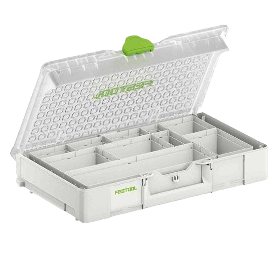 Plastic organizer box with adjustable compartments and transparent hinged lid for tools and home improvement storage
