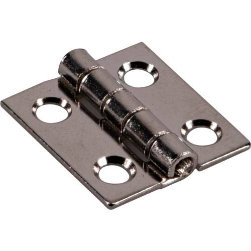 Satin nickel narrow hinge with four mounting holes for cabinet and furniture hardware in home improvement projects