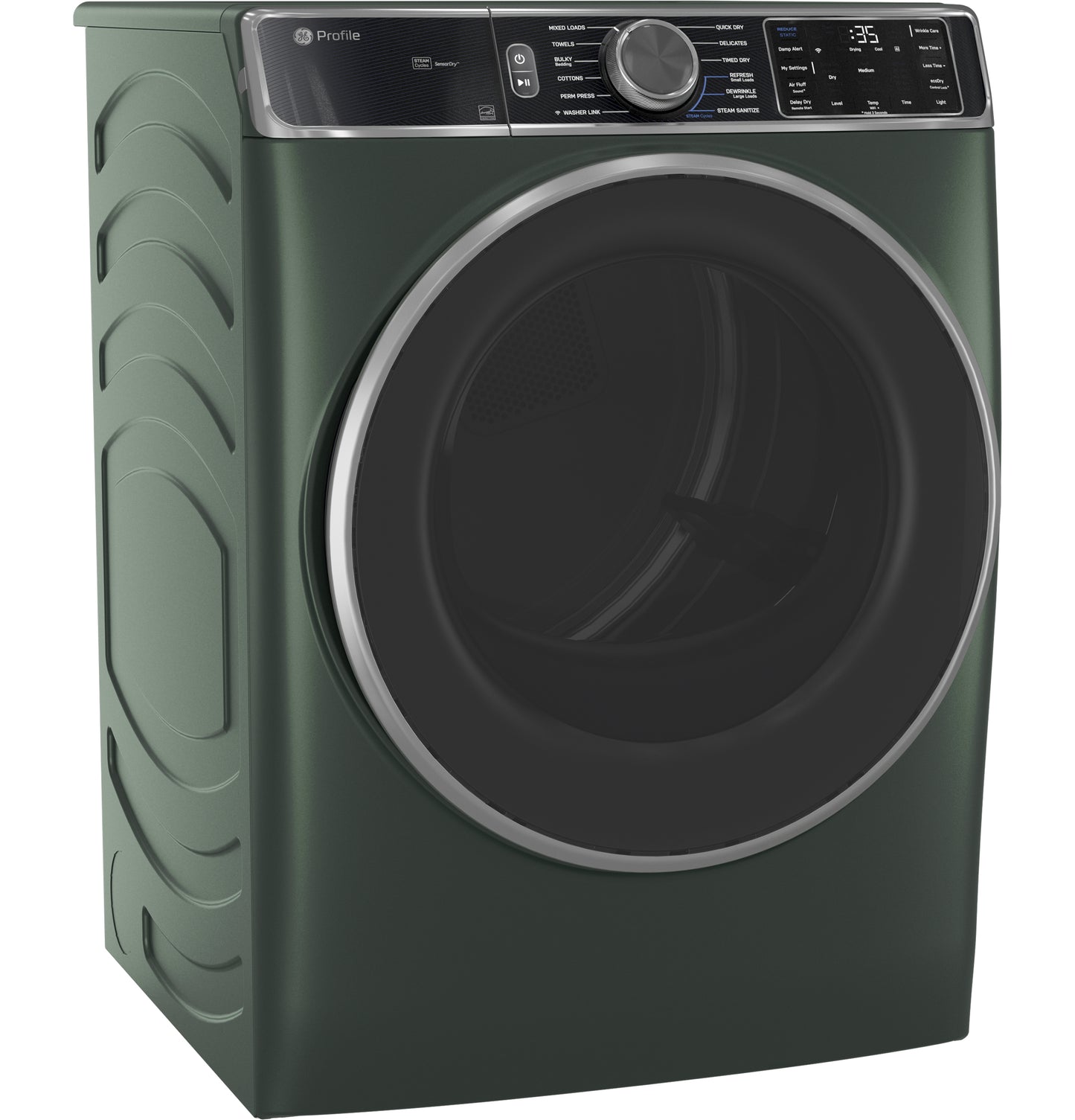 Dark green smart front load gas dryer with digital control panel in Dryers and Appliances collection