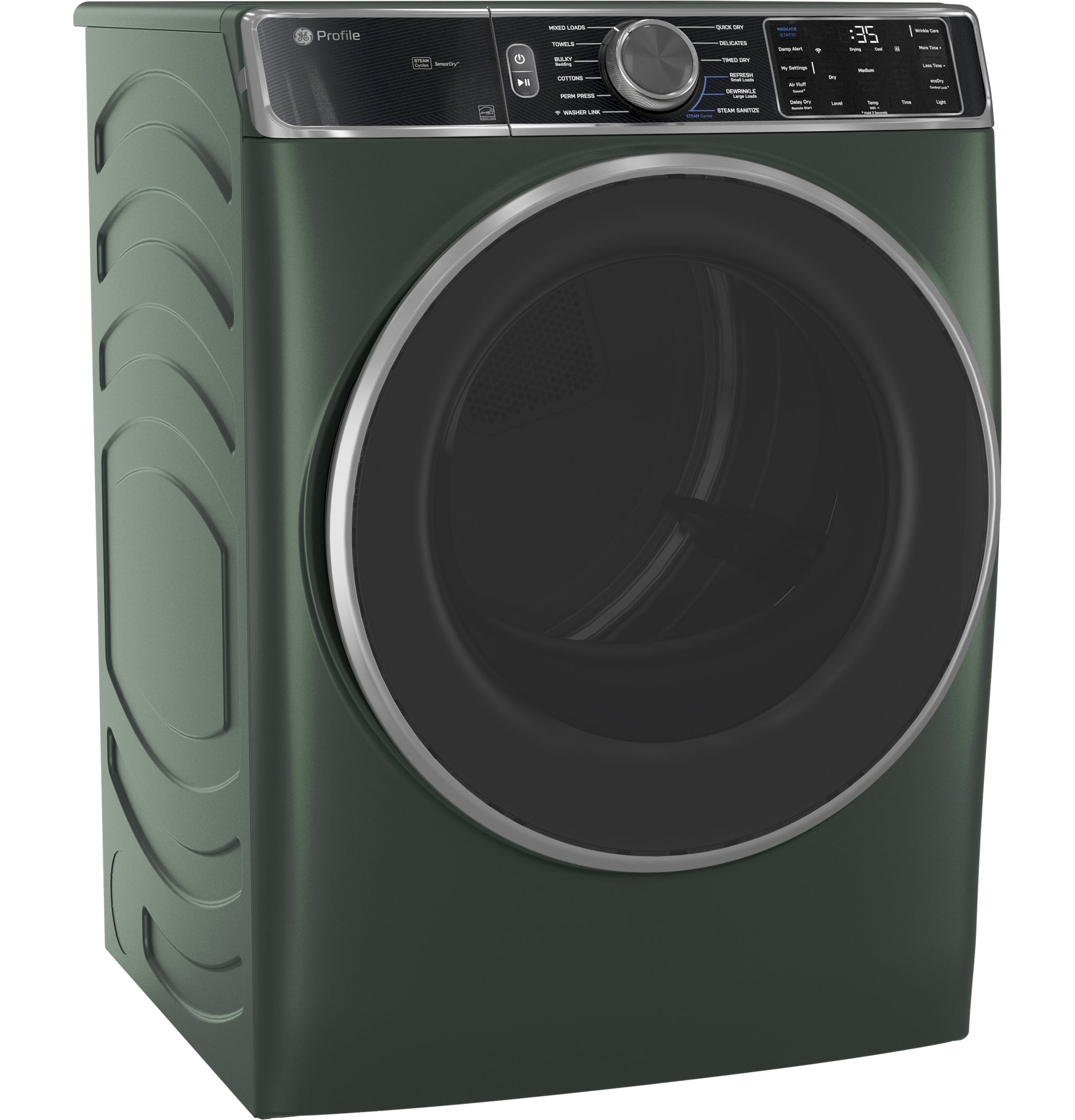 Dark green smart front load gas dryer with digital control panel in Dryers and Appliances collection