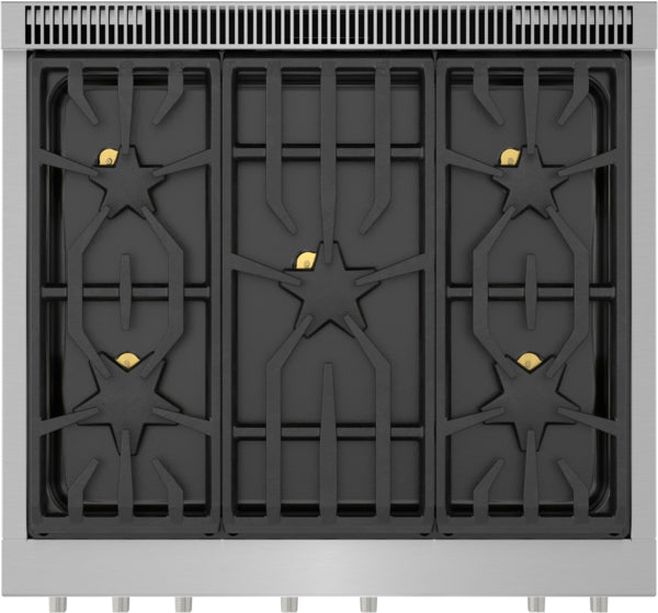 Stainless steel gas range cooktop with five star-shaped burners and black cast iron grates in kitchen appliances collection