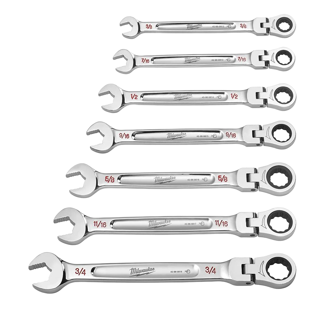 Set of seven polished steel flex head ratcheting combination wrenches with engraved size markings for tool and home use