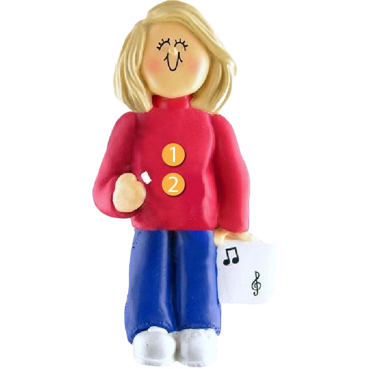 Blonde female musician ornament holding sheet music with music notes, Christmas Ornaments & Tree Decorations under $50 collection