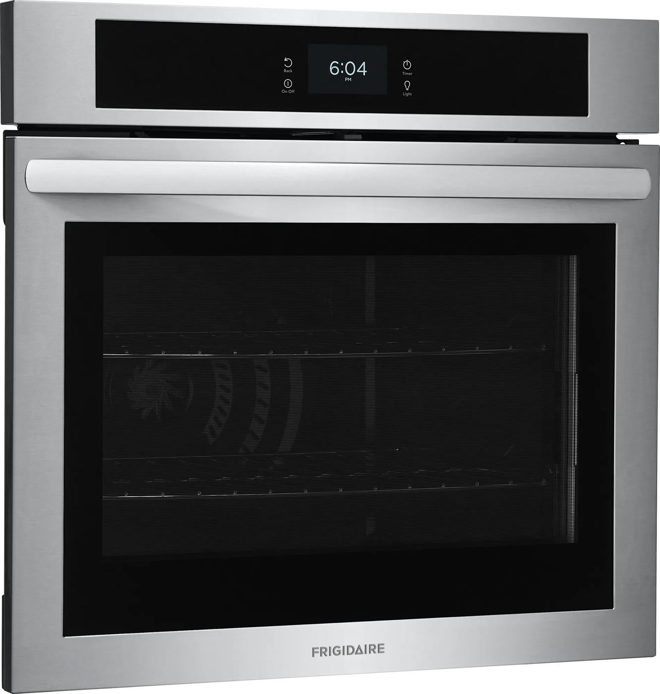 Stainless steel 30-inch single electric wall oven with fan convection and digital touchscreen controls in kitchen appliances collection