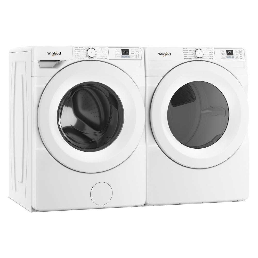 White front load washer and dryer pair with digital controls and large circular doors in washers and dryers collection