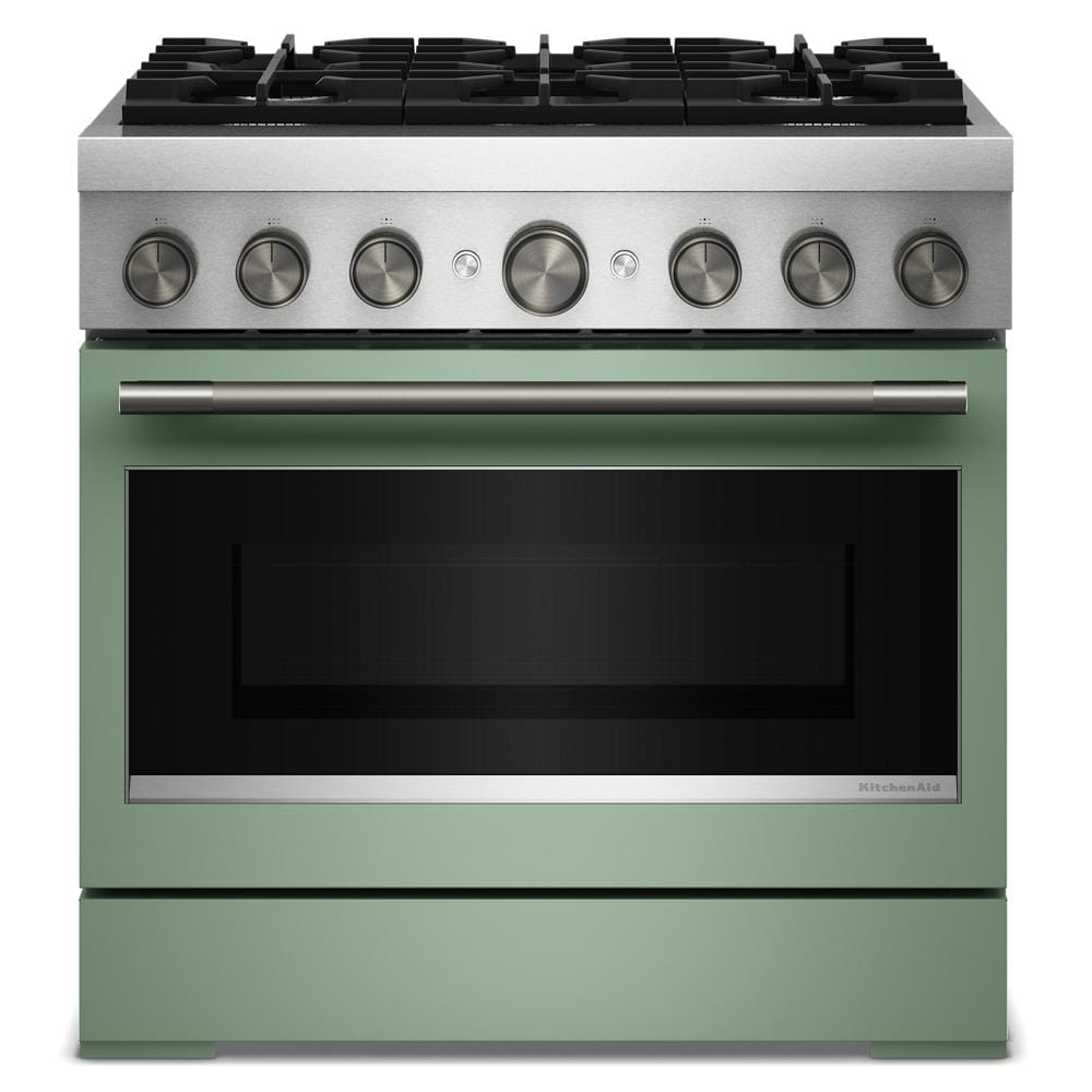 Front view of green commercial-style dual fuel range with six burners and stainless steel control knobs in ranges collection