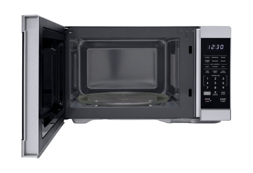 Open stainless steel smart countertop microwave oven with digital control panel in kitchen appliances setting