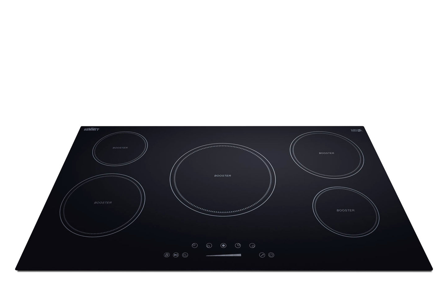 36-inch black glass 5-zone induction cooktop with touch controls for kitchen and appliance use