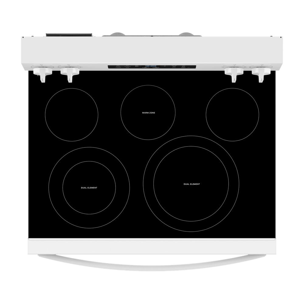 White 30-inch electric range with smooth black glass cooktop featuring five heating elements in kitchen appliances collection