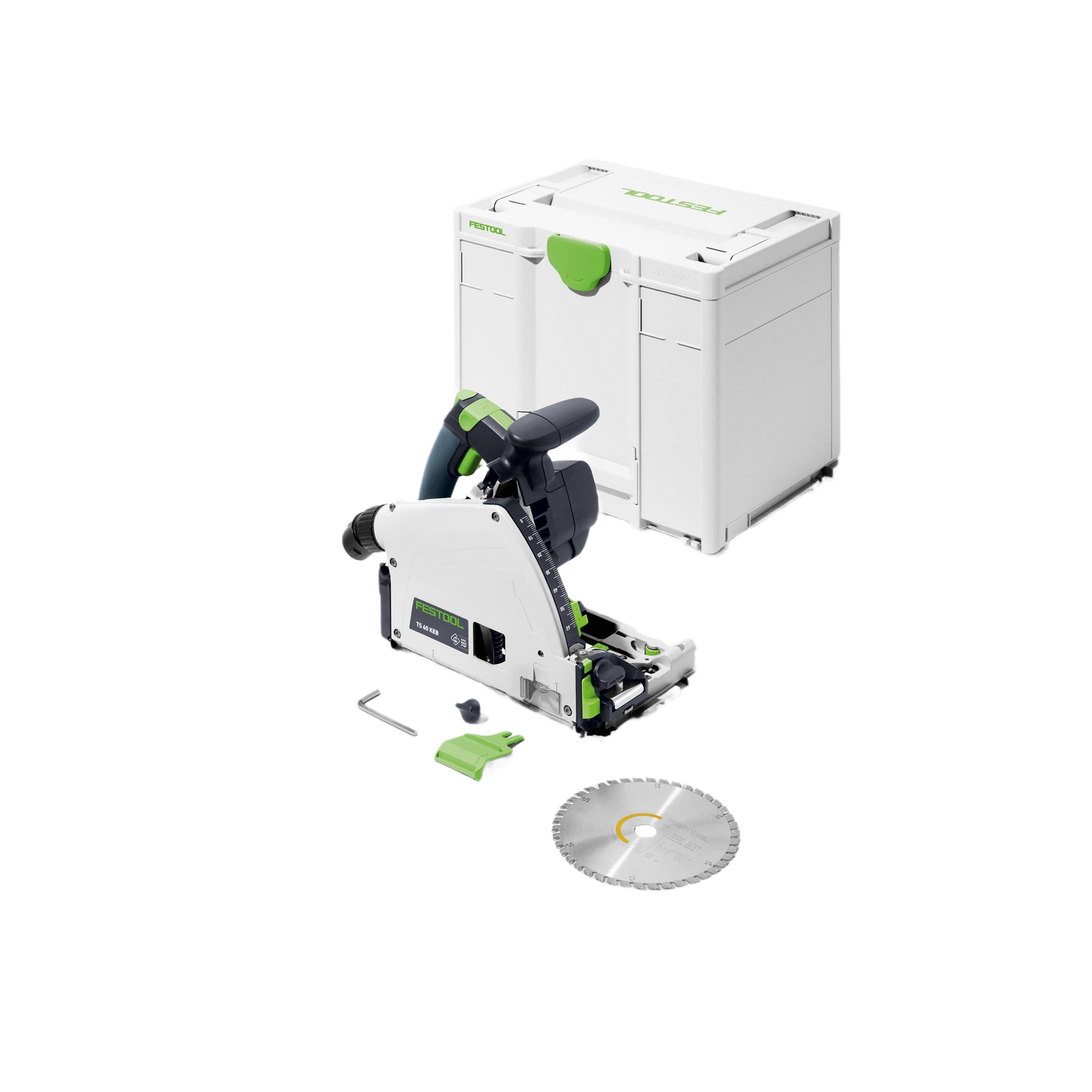 Plunge cut track saw with blade and accessories next to stackable storage box for power tool organization