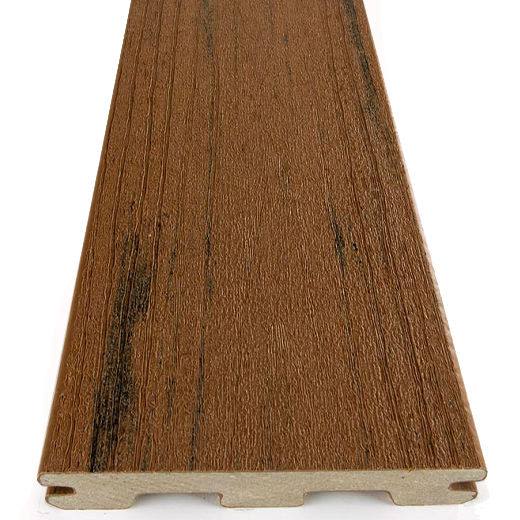 Grooved composite deck board in brown oak finish with textured wood grain for outdoor decking and lumber projects under 100 dollars