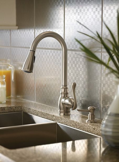 High arc stainless steel kitchen faucet with single handle and pulldown spout for modern home improvement projects
