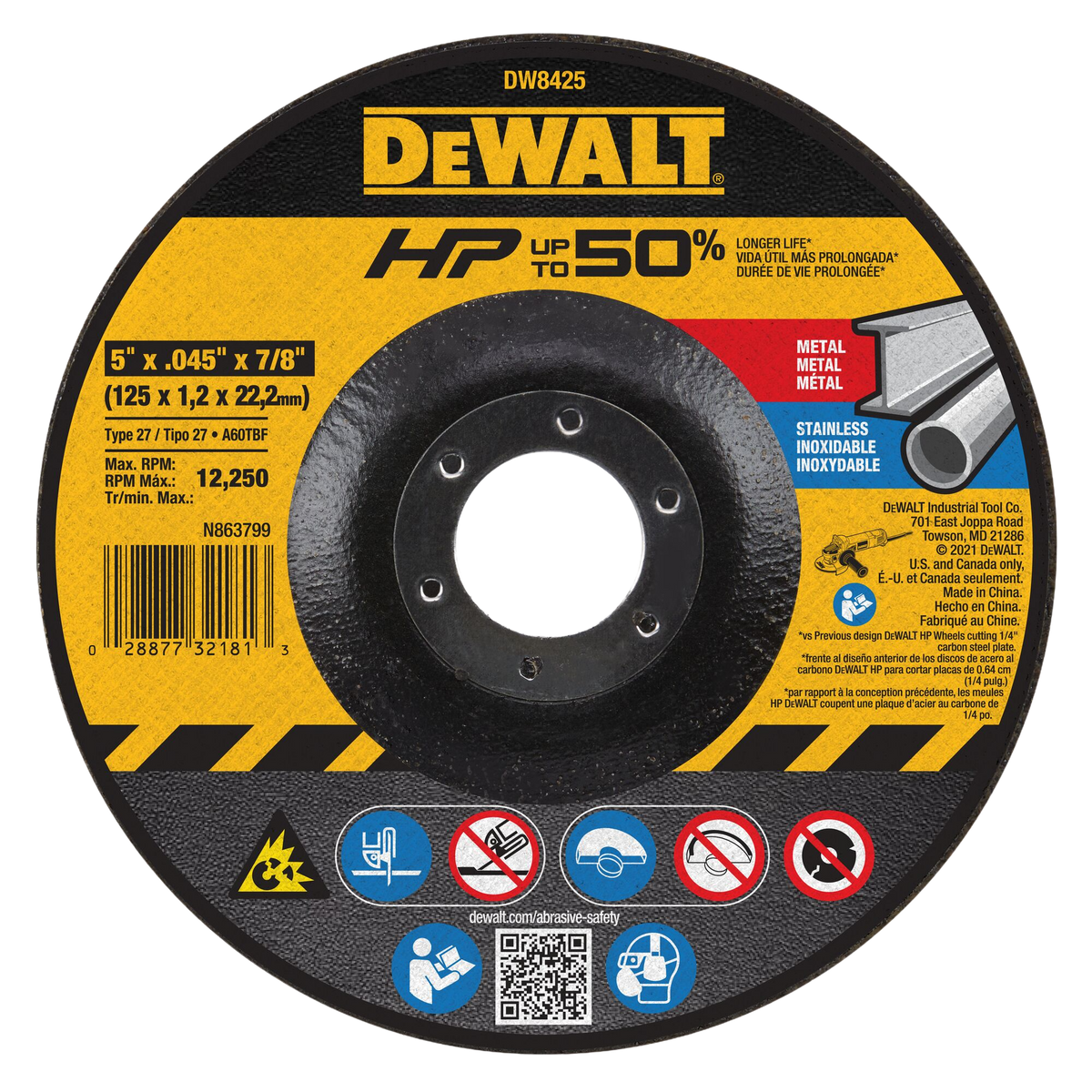 DEWALT 5" x 0.045" x 7/8" Arbor Metal Cutoff Wheel