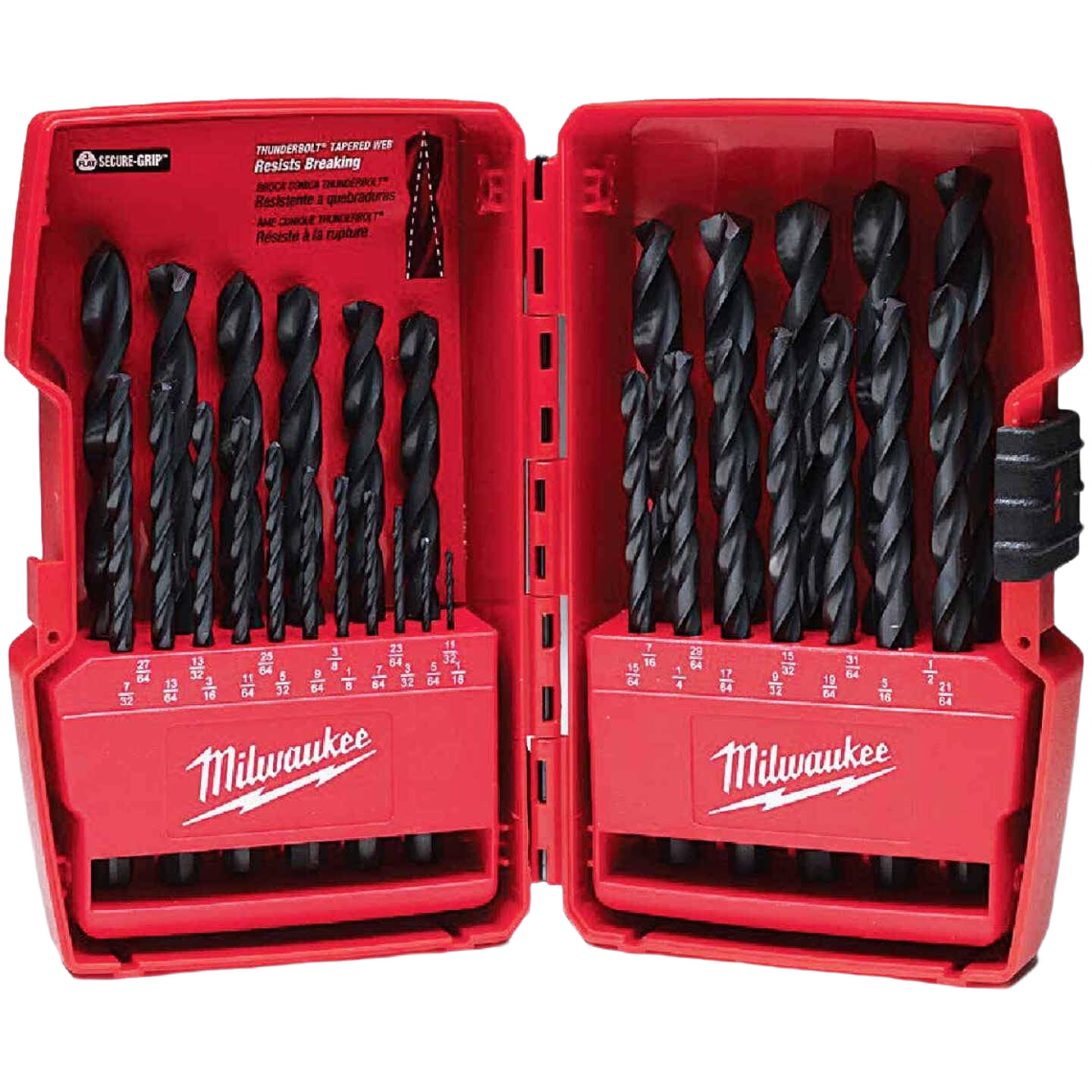 29-piece black oxide drill bit set in a red case for versatile drilling in wood, plastic, and metal tools collection